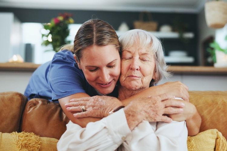 Embracing Elderly Woman Home Support Love